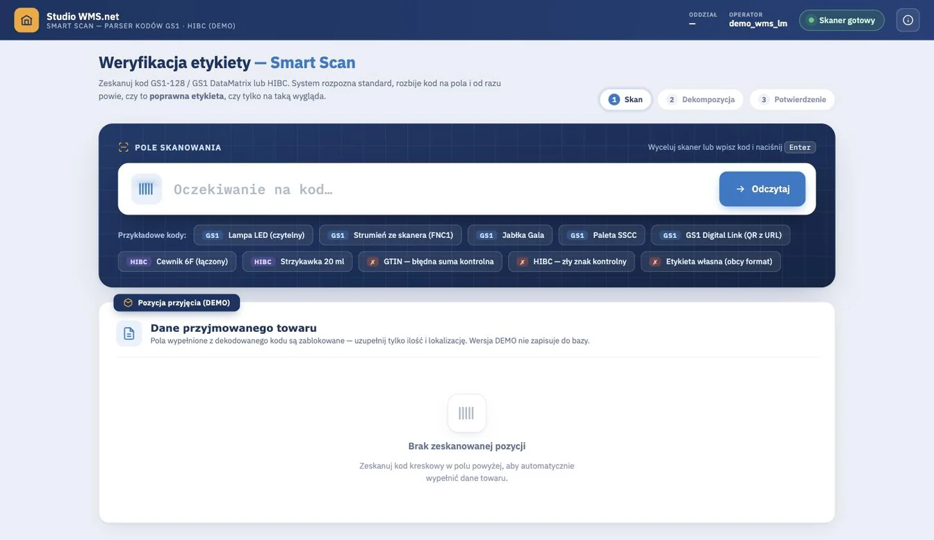 Ekran weryfikacji etykiety GS1-128 i DataMatrix w Studio WMS.net z polem skanowania i rozbiciem kodu na pola