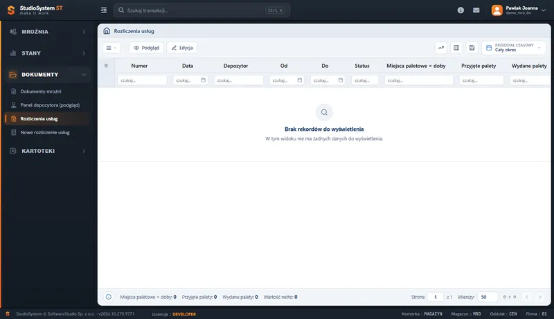 Rejestr Rozliczenia usług w Studio WMS.net z dokumentami rozliczeniowymi depozytorów