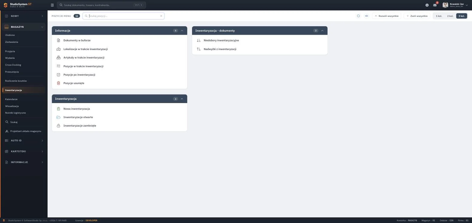WMS - menu modułu inwentaryzacji w magazynie Studio WMS.net - menu modułu inwentaryzacji z pozycjami spisu, niedoborów i nadwyżek inwentaryzacyjnych