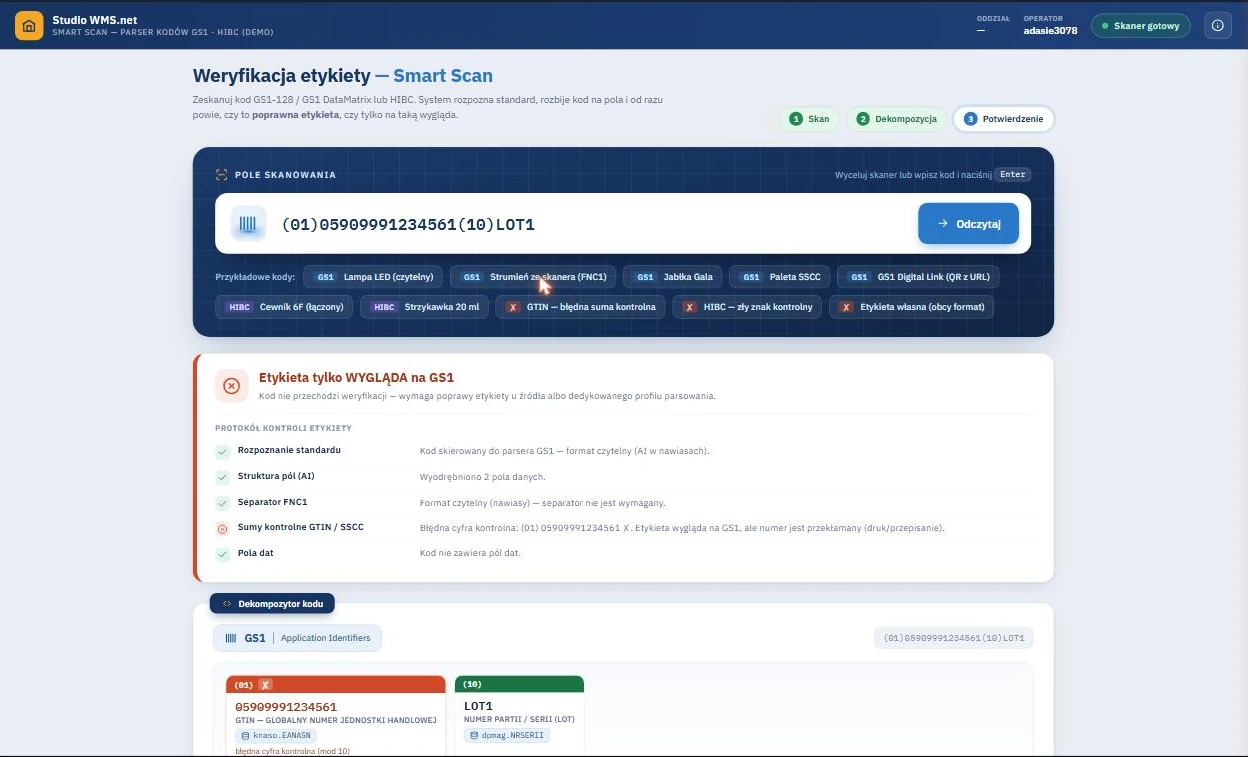 WMS - wykrycie błędnej cyfry kontrolnej GTIN Studio WMS.net - komunikat o etykiecie, która tylko wygląda na GS1 z powodu błędnej cyfry kontrolnej GTIN