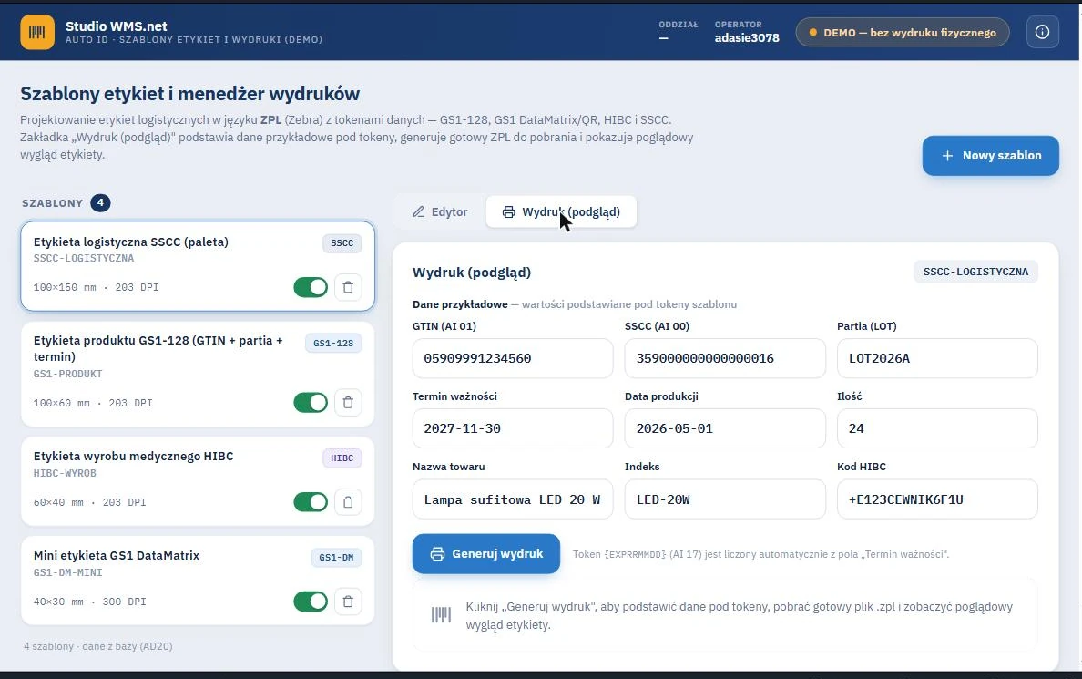 WMS - dane przykładowe do podglądu wydruku etykiety Studio WMS.net - zakładka podglądu wydruku z danymi przykładowymi podstawianymi pod tokeny szablonu