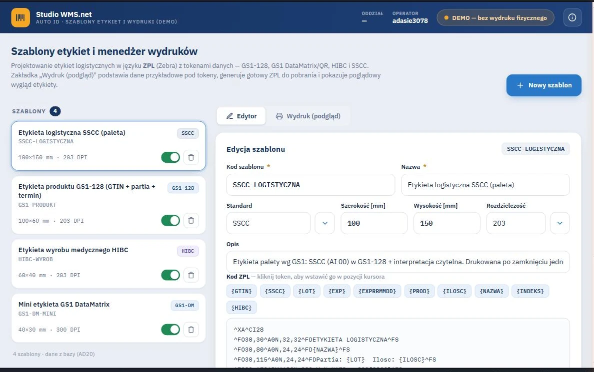 WMS - edytor szablonu etykiety w języku ZPL Studio WMS.net - edytor szablonu etykiety w języku ZPL z listą tokenów danych i parametrami wydruku