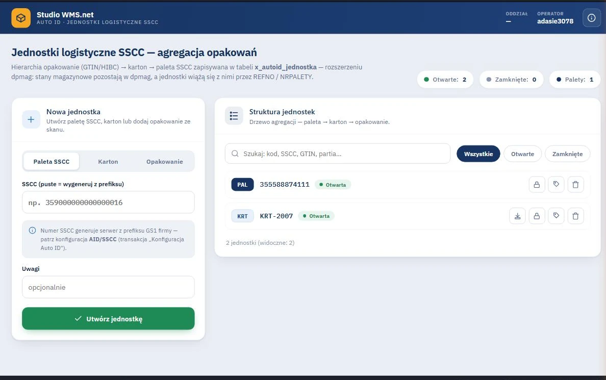 WMS - rejestr jednostek logistycznych SSCC Studio WMS.net - rejestr jednostek logistycznych SSCC z drzewem agregacji paleta, karton, opakowanie