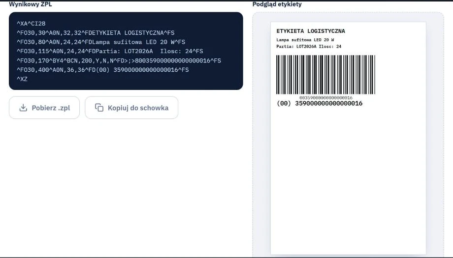 WMS - wygenerowany kod ZPL i podgląd etykiety Studio WMS.net - wygenerowany kod ZPL z podstawionymi wartościami oraz poglądowy wygląd etykiety paletowej