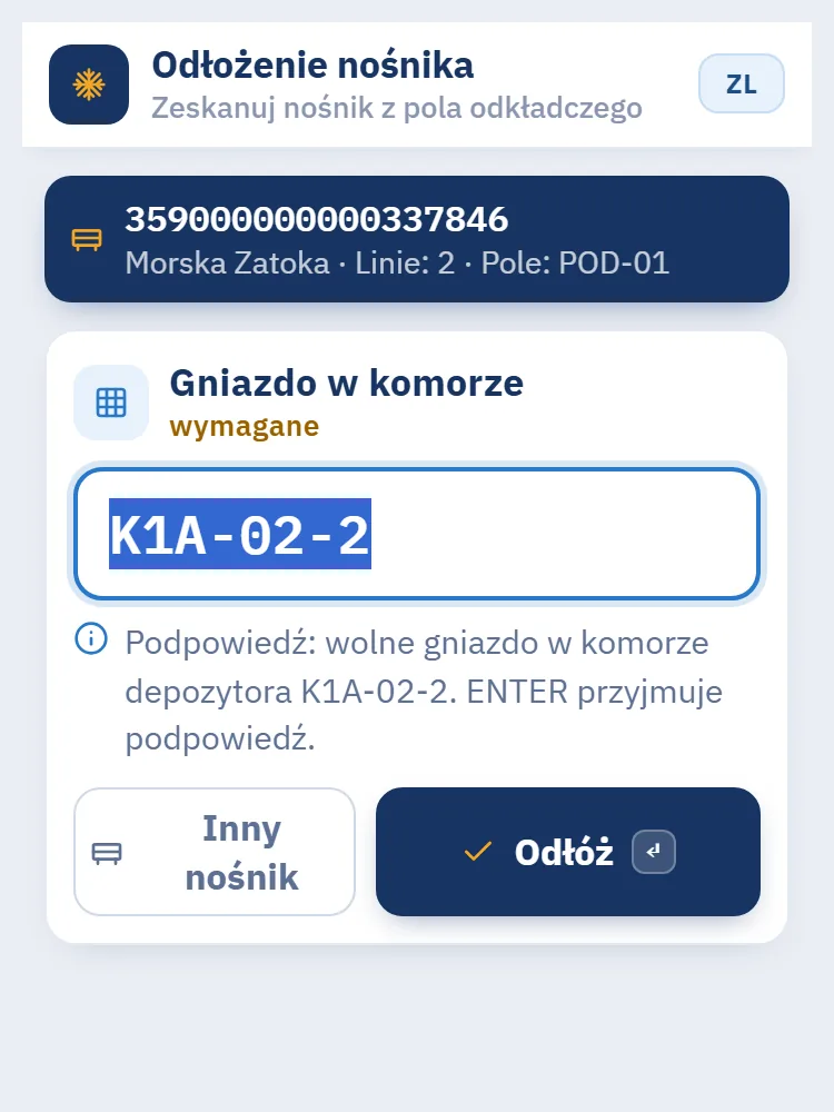 Telefon magazyniera: odłożenie nośnika z podpowiedzią wolnego gniazda K1A-02-2 w komorze depozytora