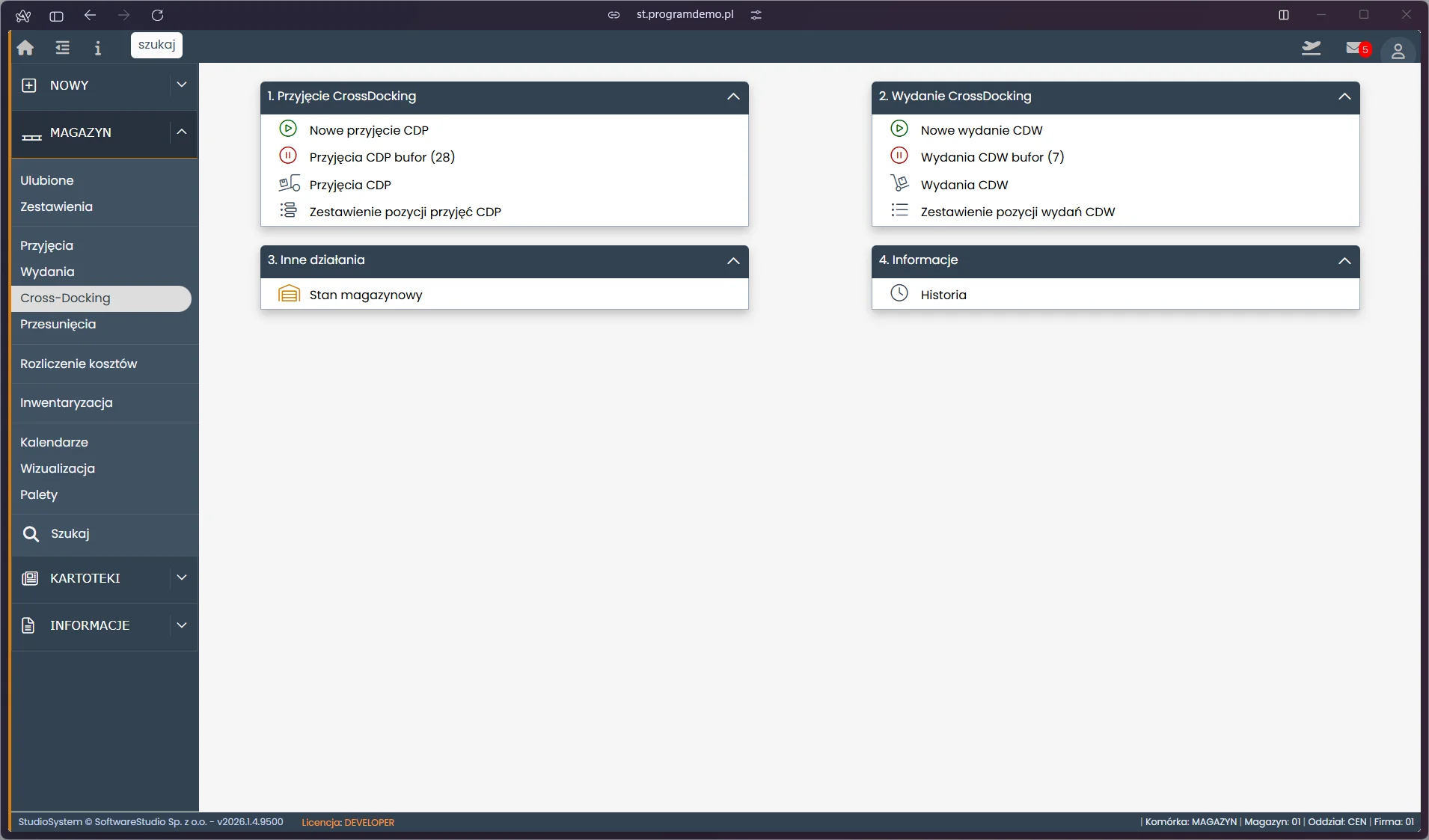 Studio WMS.net - cross-docking w magazynie Studio WMS.net - sekcja Magazyn, lista dokumentów cross-docking z filtrami statusu i daty
