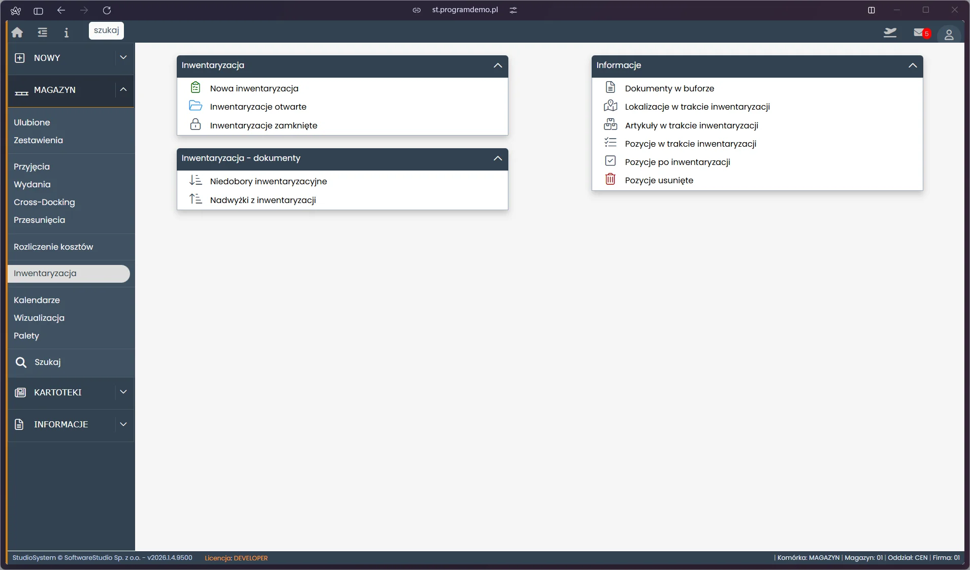 Studio WMS.net - inwentaryzacja magazynu Studio WMS.net - sekcja Magazyn, lista arkuszy inwentaryzacyjnych z datą i statusem