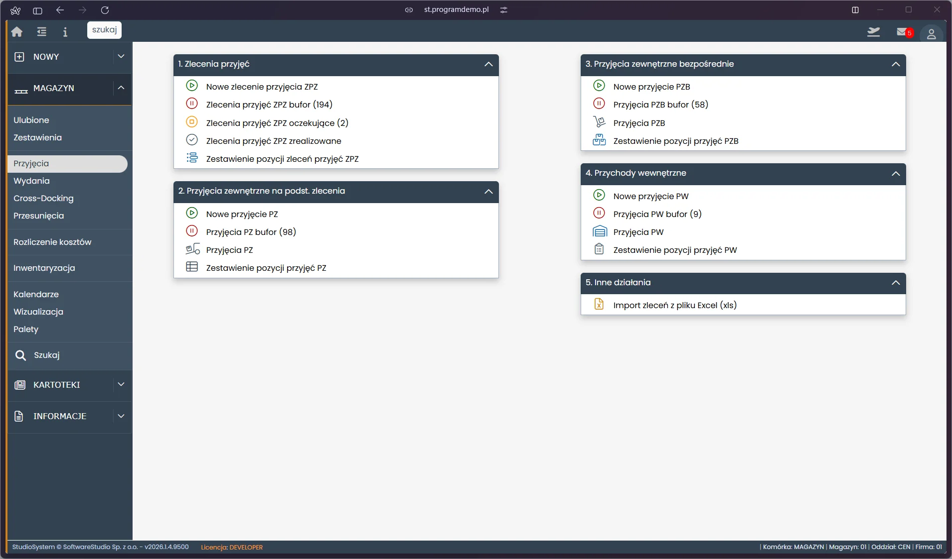 Studio WMS.net - lista dokumentów przyjęcia Studio WMS.net - sekcja Magazyn, lista dokumentów przyjęcia PZ i PZB z datą i statusem