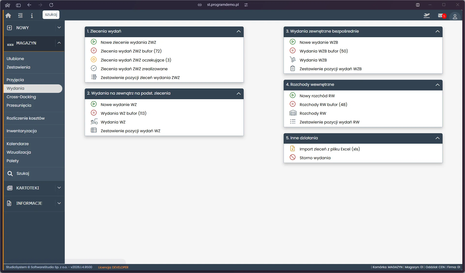 Studio WMS.net - lista dokumentów wydania Studio WMS.net - sekcja Magazyn, lista dokumentów wydania WZ i WZB z datą i statusem realizacji