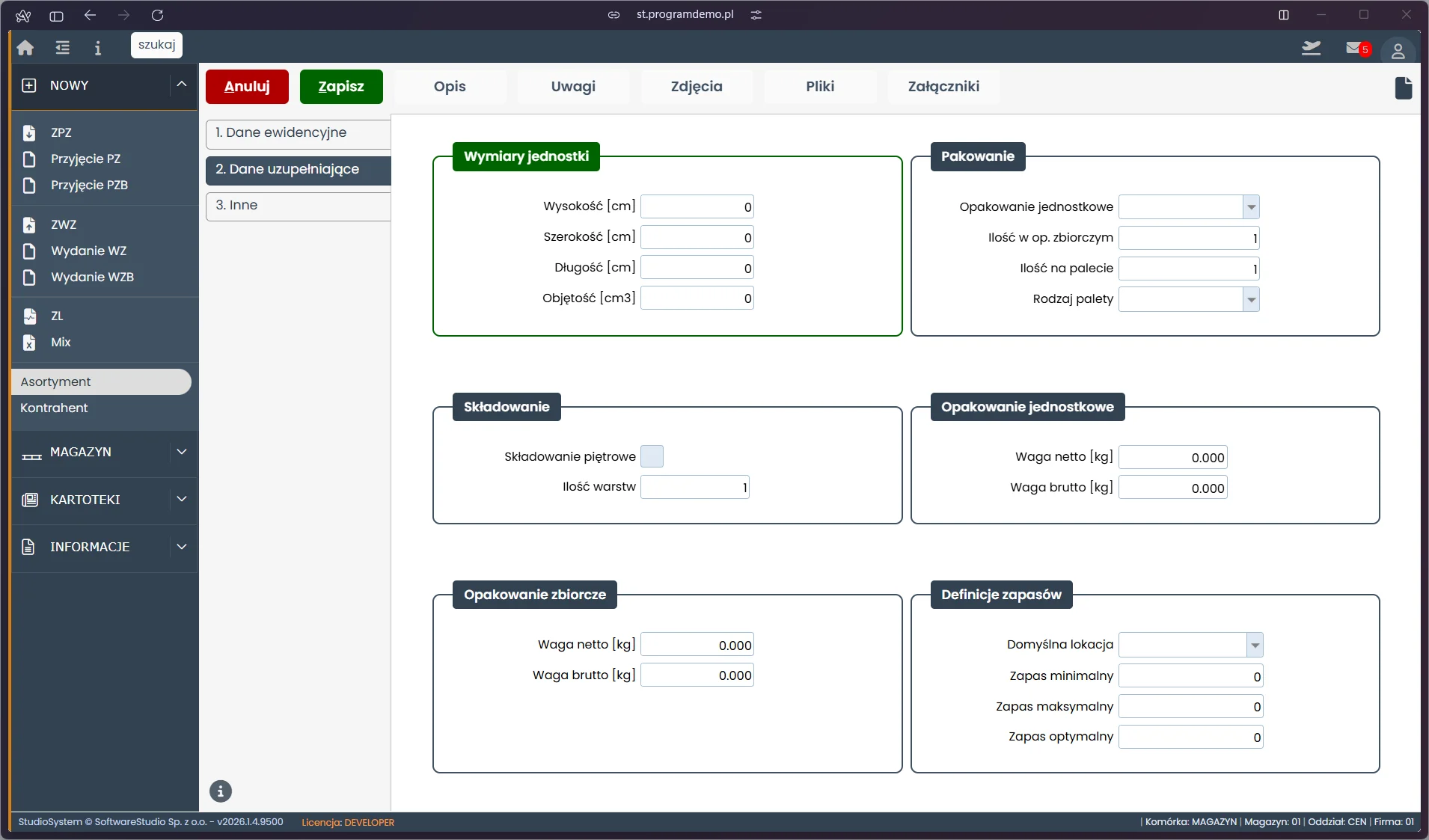 WMS - asortyment wymiary i parametry składowania Studio WMS.net - formularz asortymentu zakładka dane uzupełniające z wymiarami, pakowaniem i definicjami zapasów