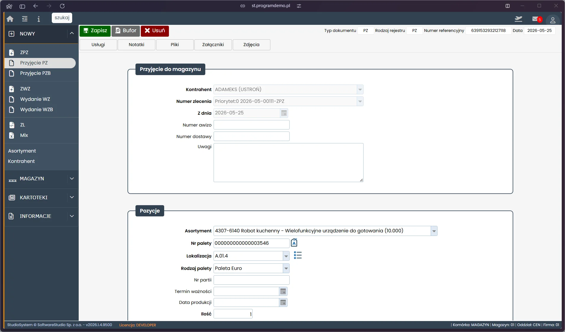 WMS - dokument PZ przyjęcie z pozycją towaru Studio WMS.net - wypełniony formularz PZ z zleceniem ZPZ, kontrahentem ADAMEKS Ustroń, robotem kuchennym i lokalizacją A.01.4