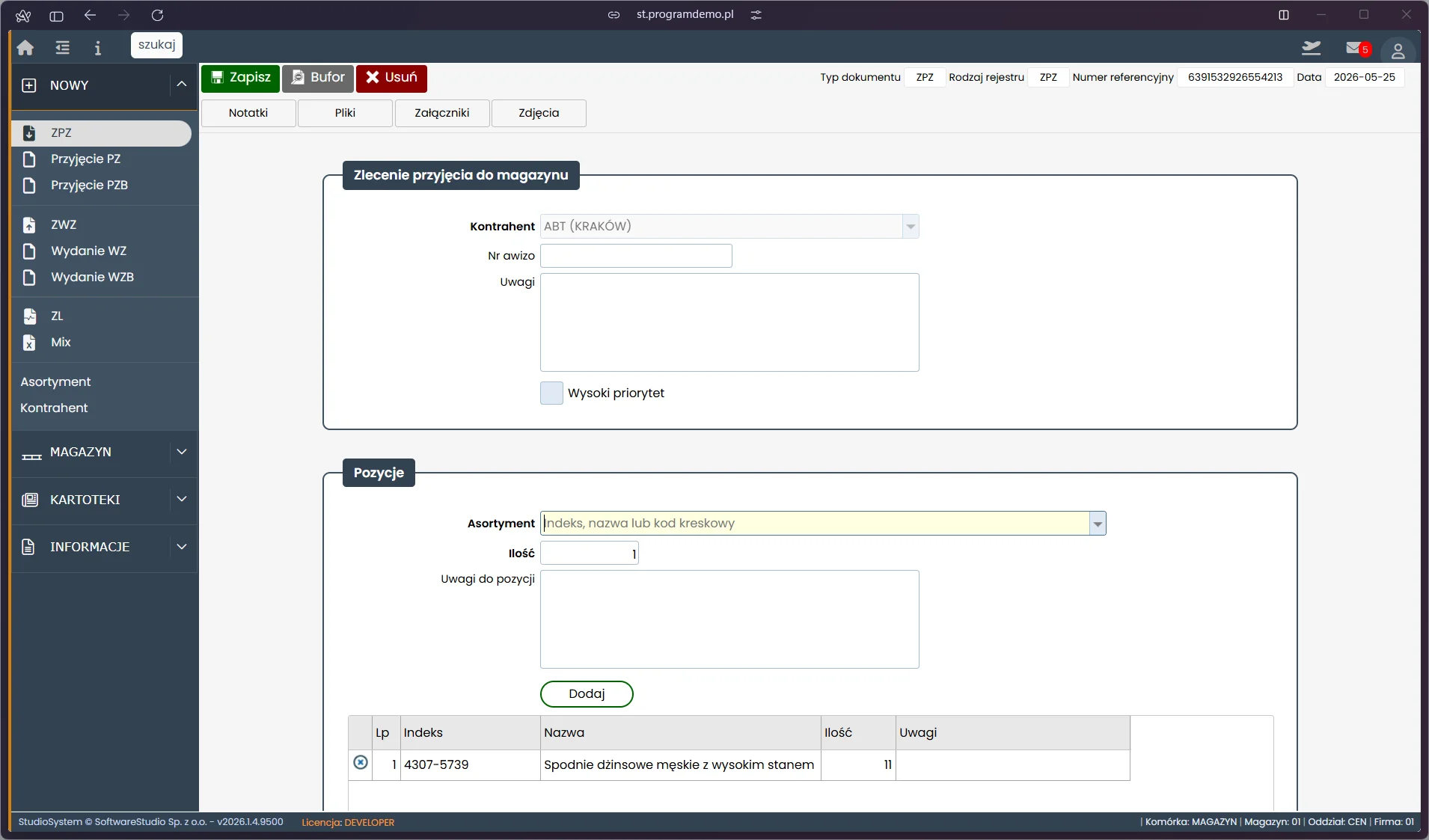 WMS - ZPZ zlecenie przyjęcia z pozycjami Studio WMS.net - formularz ZPZ z pozycją zlecenia przyjęcia: asortyment spodnie dżinsowe, kontrahent ABT Kraków, ilość 11