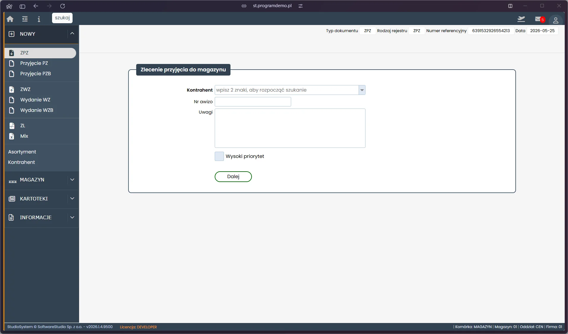 WMS - nowe zlecenie przyjęcia ZPZ Studio WMS.net - pusty formularz nagłówka ZPZ zlecenie przyjęcia do magazynu z polem kontrahenta i checkbox wysoki priorytet