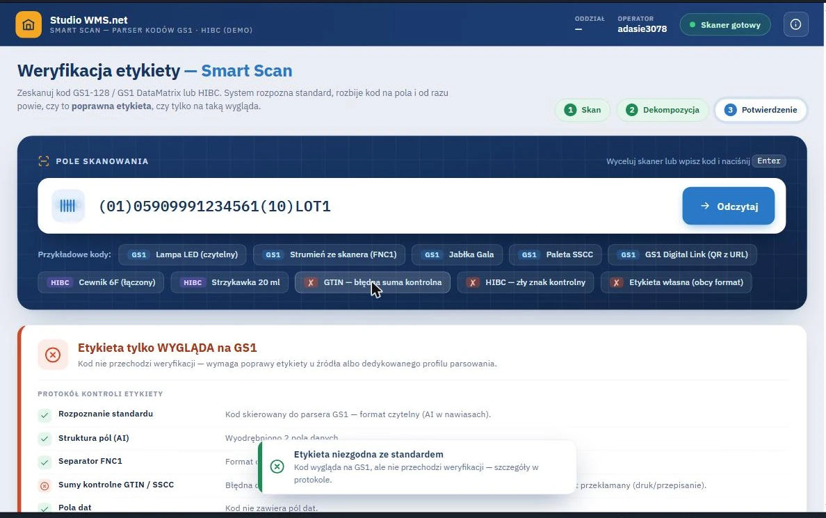 WMS - odrzucenie etykiety niezgodnej ze standardem Studio WMS.net - komunikat o etykiecie niezgodnej ze standardem z powodu błędnej cyfry kontrolnej GTIN