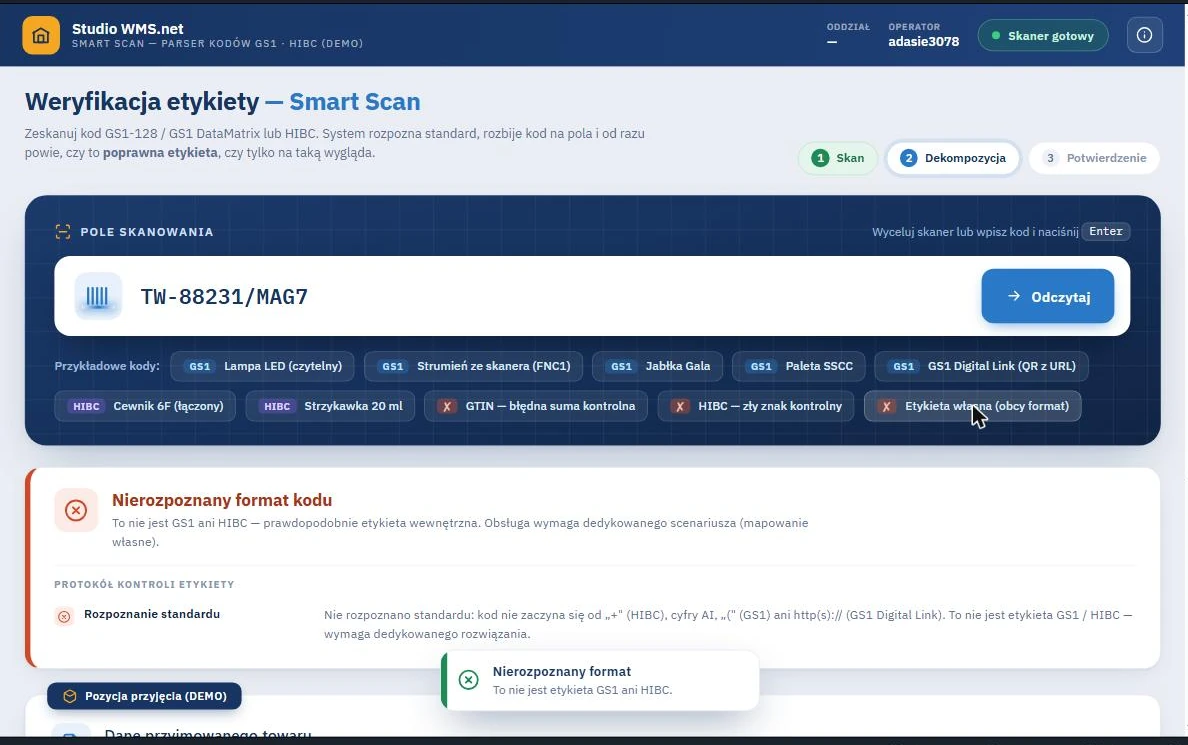 WMS - nierozpoznany format kodu w Smart Scan Studio WMS.net - komunikat o nierozpoznanym formacie kodu przy etykiecie wewnętrznej dostawcy