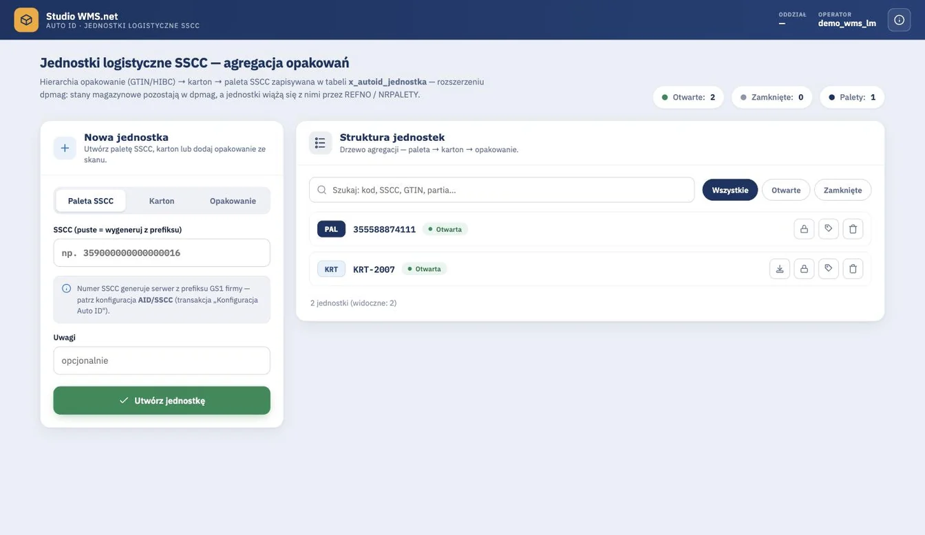 Ekran agregacji opakowań w Studio WMS.net z hierarchią opakowanie, karton i paleta SSCC