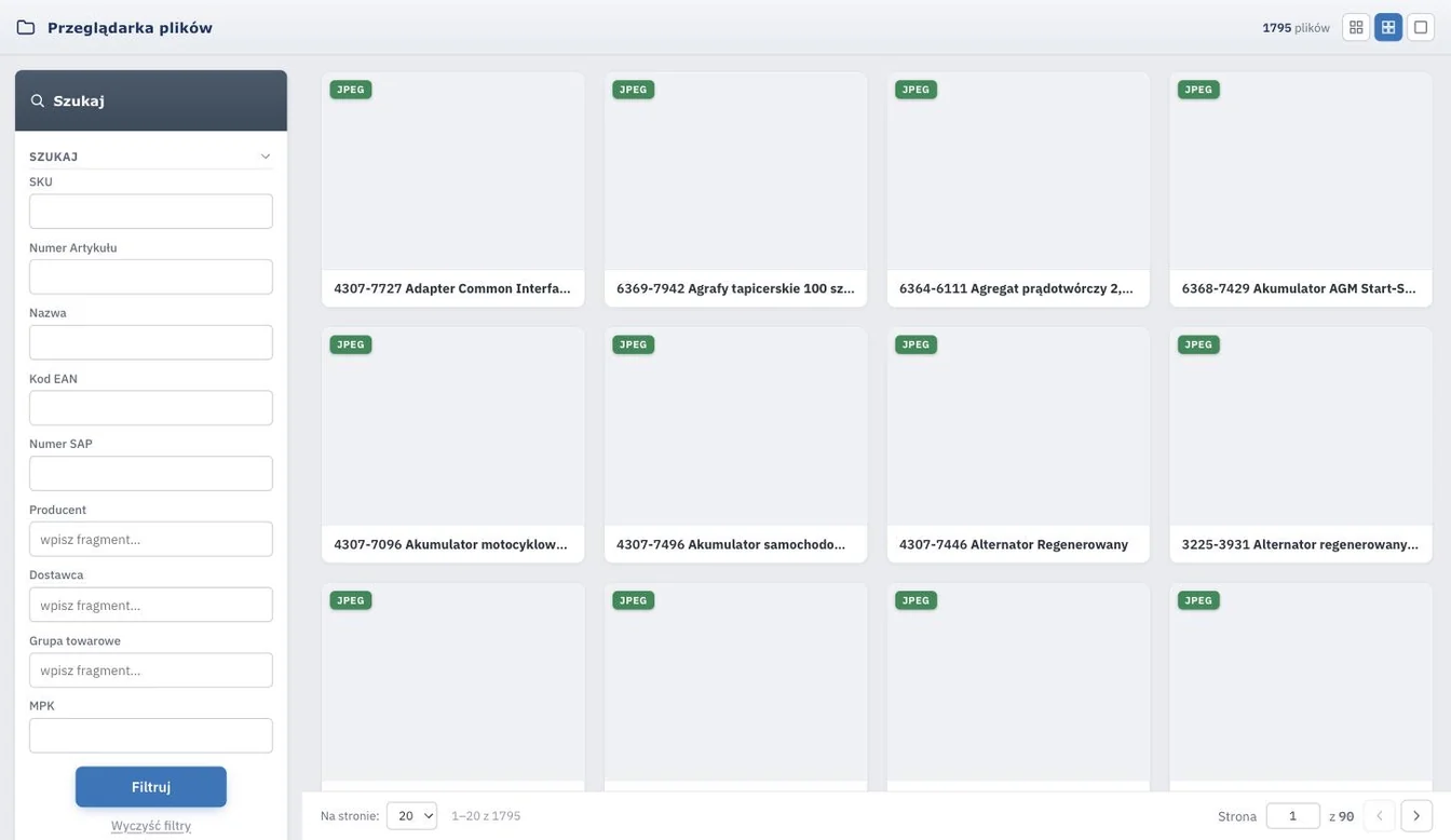 Katalog asortymentu w Studio WMS.net z wyszukiwarką po SKU, kodzie EAN, numerze SAP i grupie towarowej