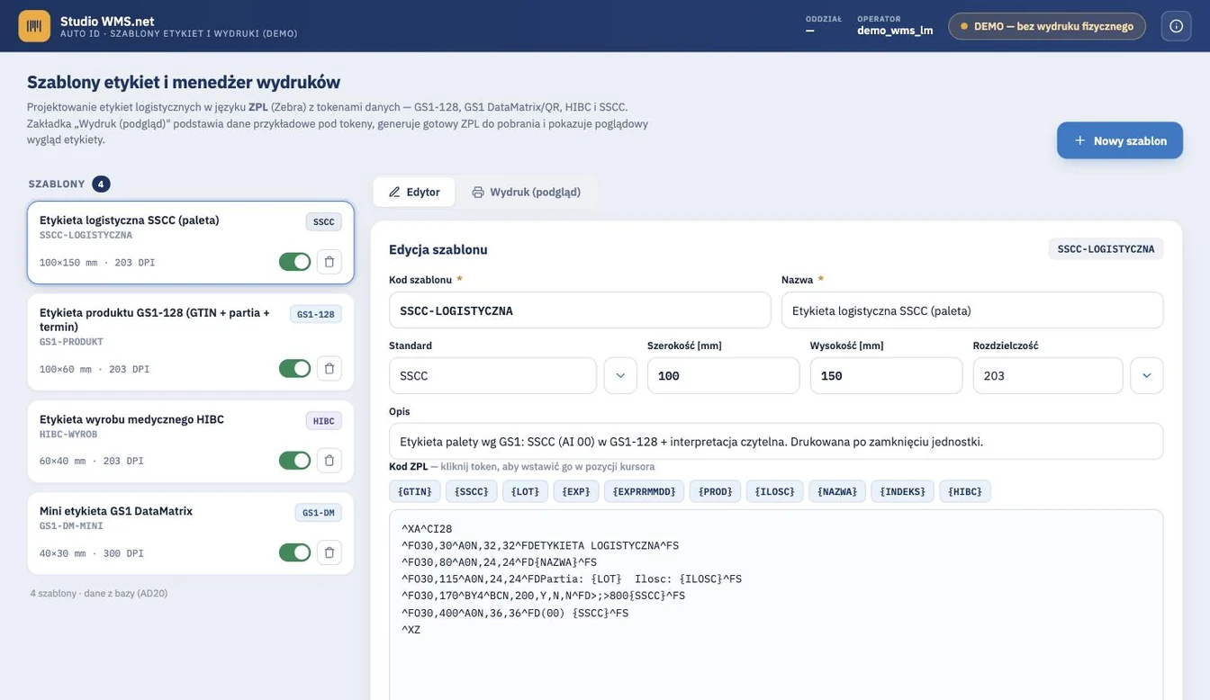 Menedżer szablonów etykiet w Studio WMS.net z kodem ZPL dla etykiety logistycznej SSCC i podglądem wydruku